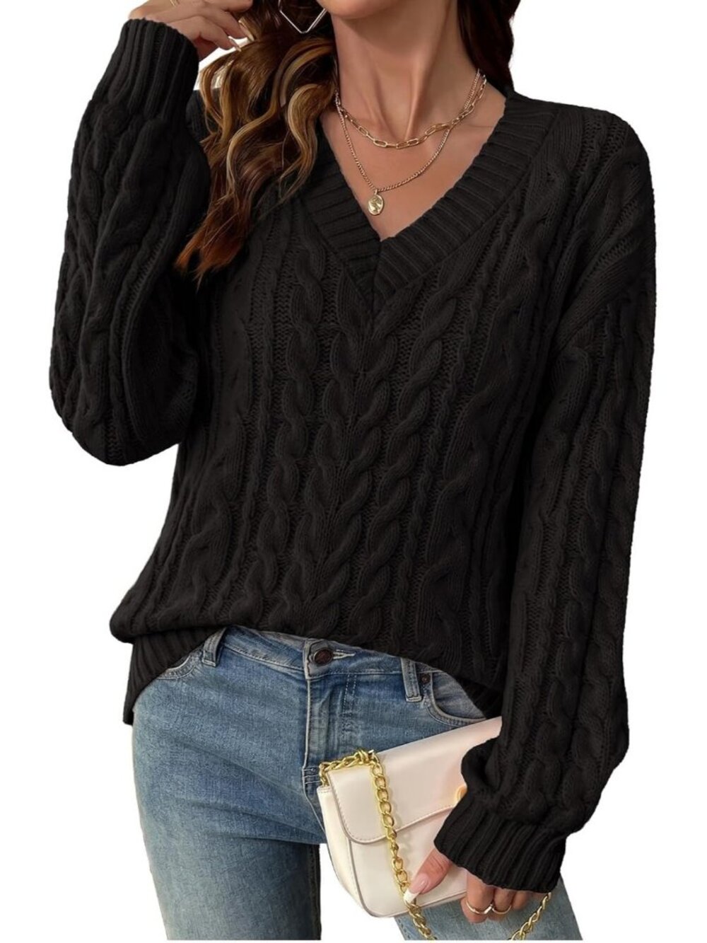 Women's Black Lightweight V Neck Cable Knit Sweater Fall Outfits Sweaters